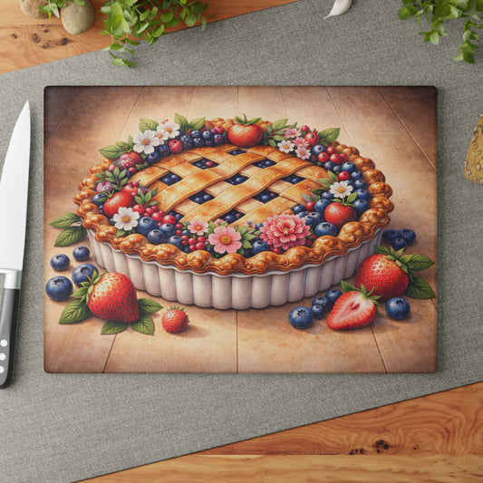 Berry Blossom Pie Glass Cutting Board – Vintage Farmhouse Dessert Kitchen Art