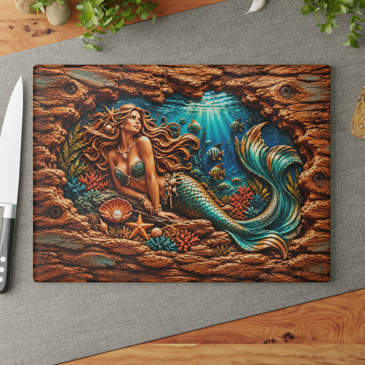 Enchanted Mermaid Glass Cutting Board – Turquoise Tail, Ocean Coral & Rustic 3D Wood Look