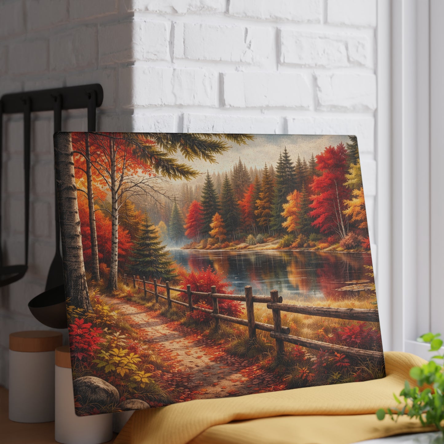 Autumn Lakeside Path Glass Cutting Board – Rustic Fall Forest Lake Kitchen Art
