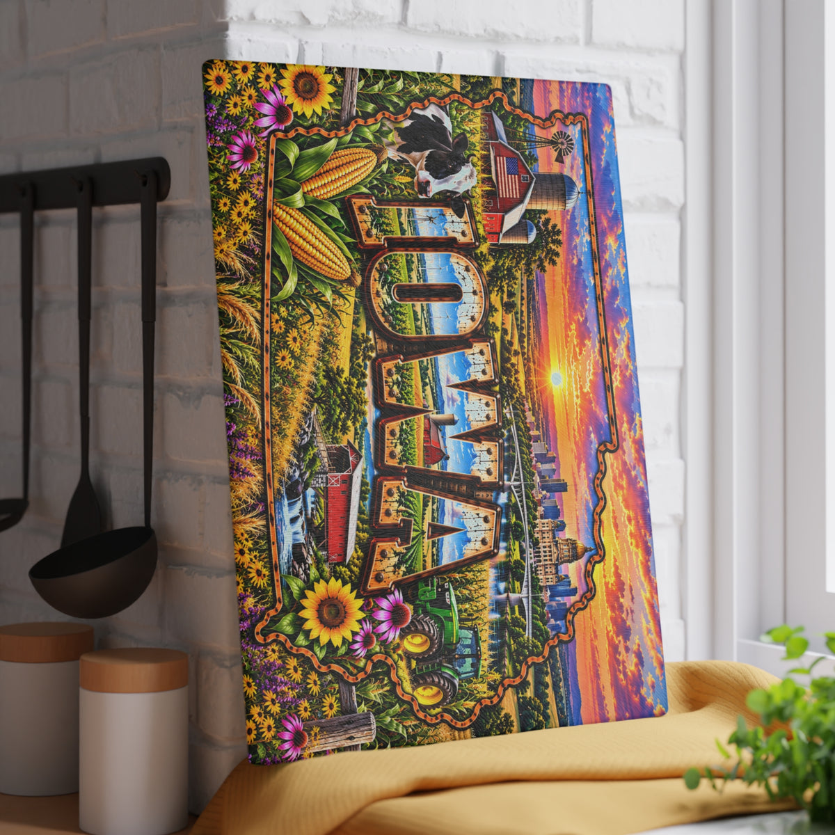 Iowa Glass Cutting Board – Iowa State Map, Farmhouse, Cornfields, Dairy Cow, Tractor & Country Sunset Kitchen Décor