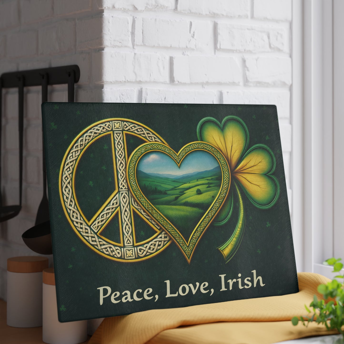 Peace, Love, Irish Glass Cutting Board – Celtic Shamrock St. Patrick’s Day Kitchen Art