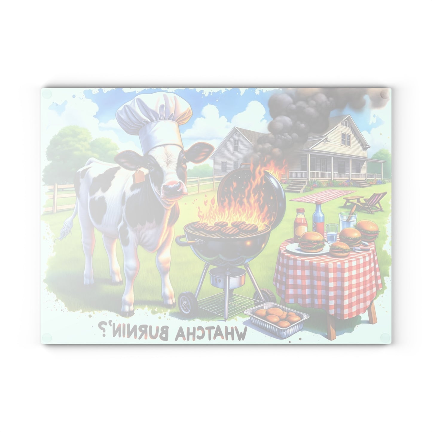 🐮🔥 “Whatcha Burnin’?” Glass Cutting Board – Cozy Charm for Your Kitchen