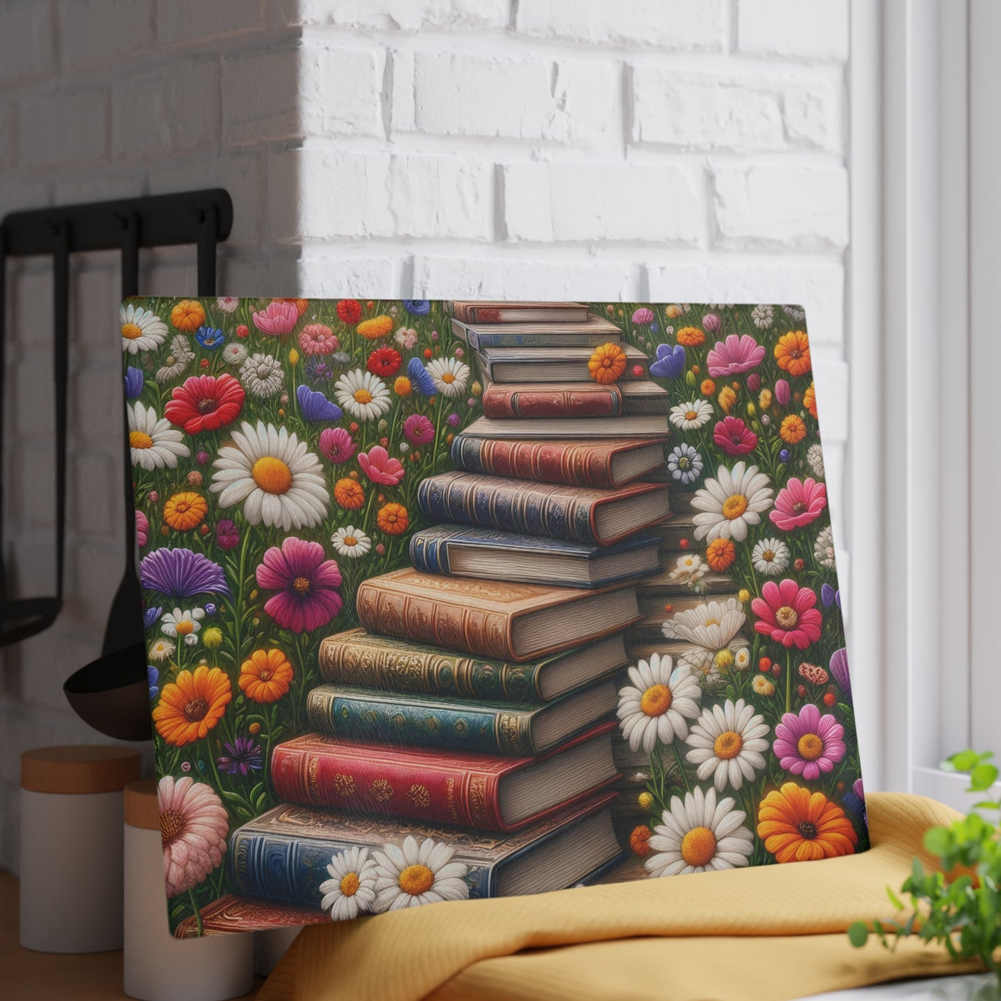 📚 Stacked Books & Wildflowers Cutting Board – Literary Charm Meets Kitchen Elegance 🌸