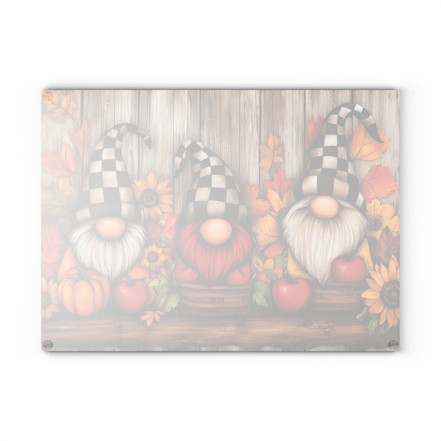 🍎 Fall Harvest Gnome Trio Cutting Board – Rustic Charm with Sunflowers, Apples & Checkered Hats 🍂🎃