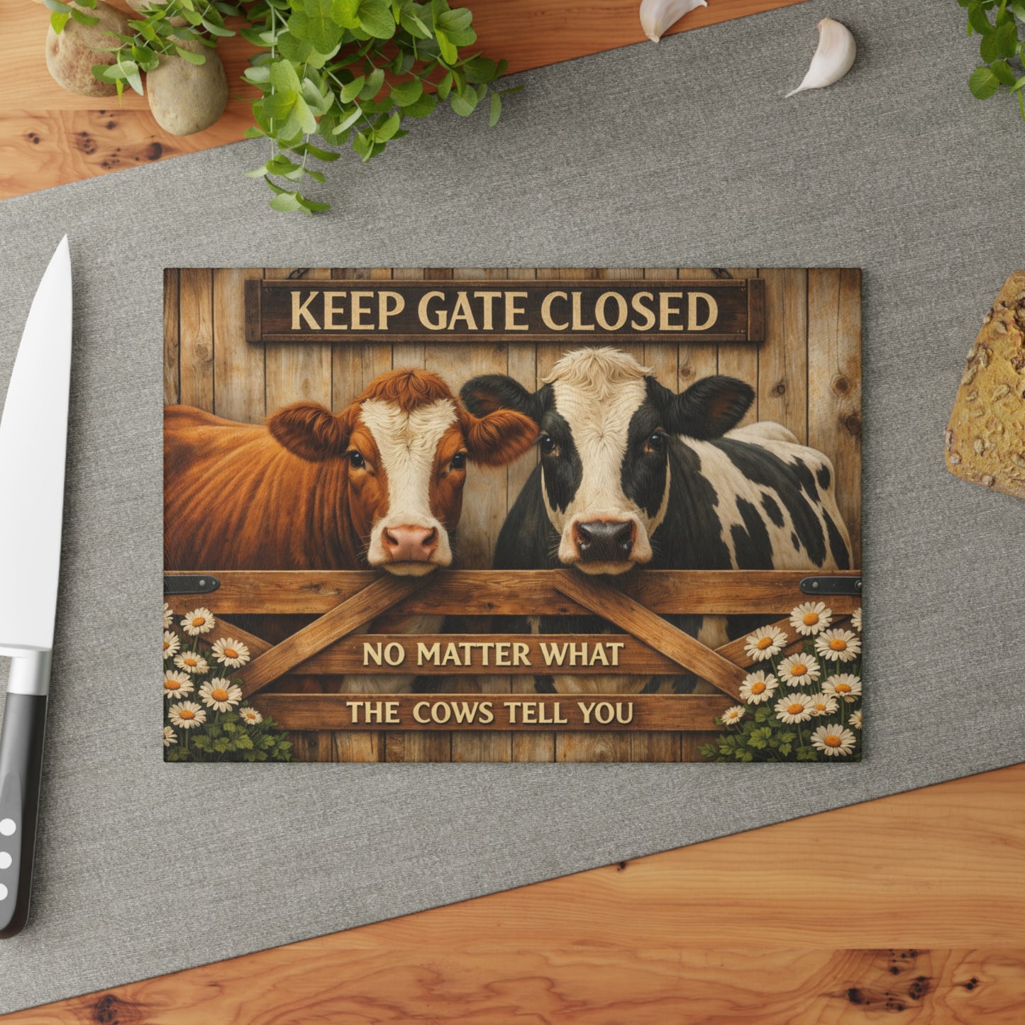 Keep Gate Closed Cow Glass Cutting Board – Funny Farmhouse Kitchen Decor