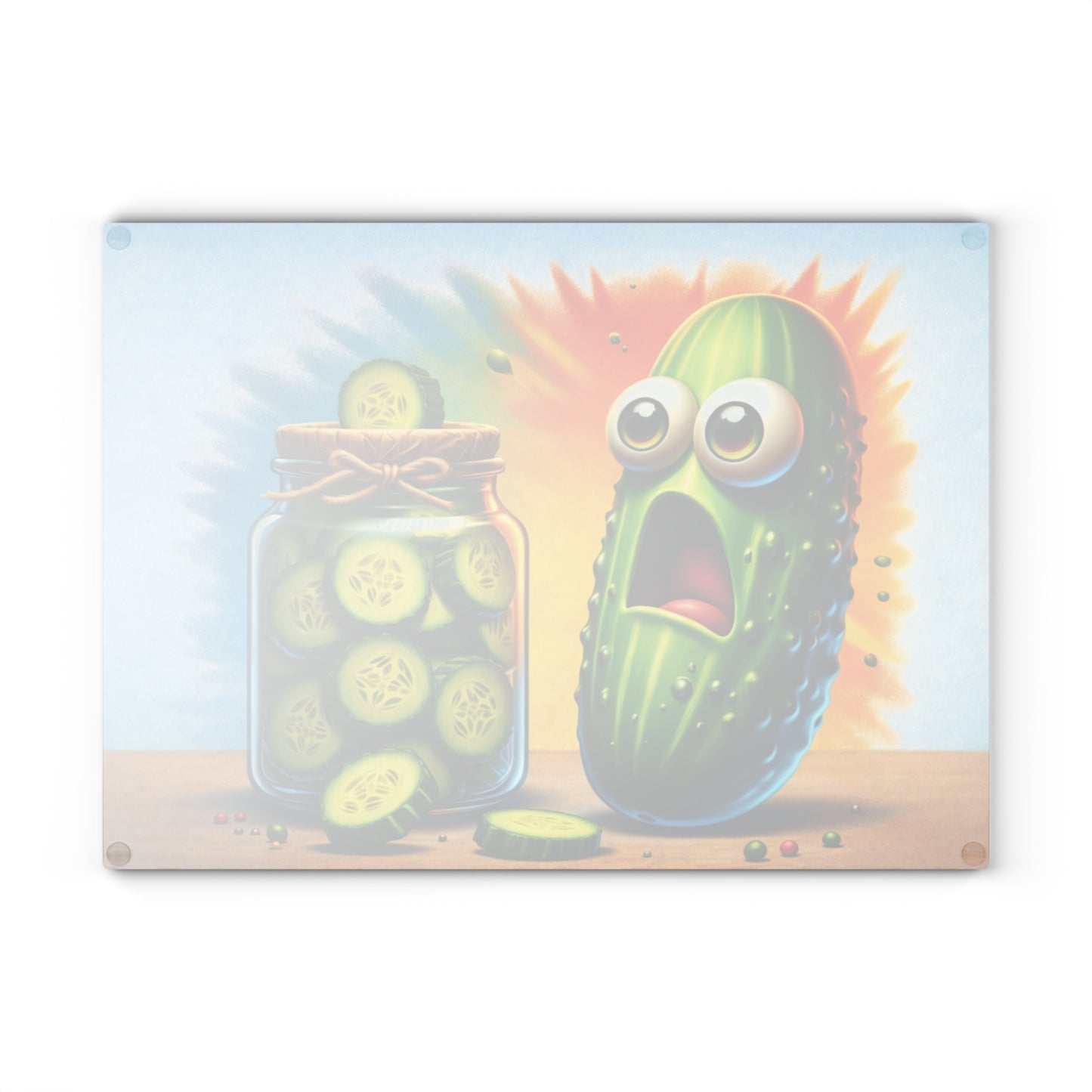Pickled Shock Glass Cutting Board – Funny Pickle Kitchen Art with Surprised Expression