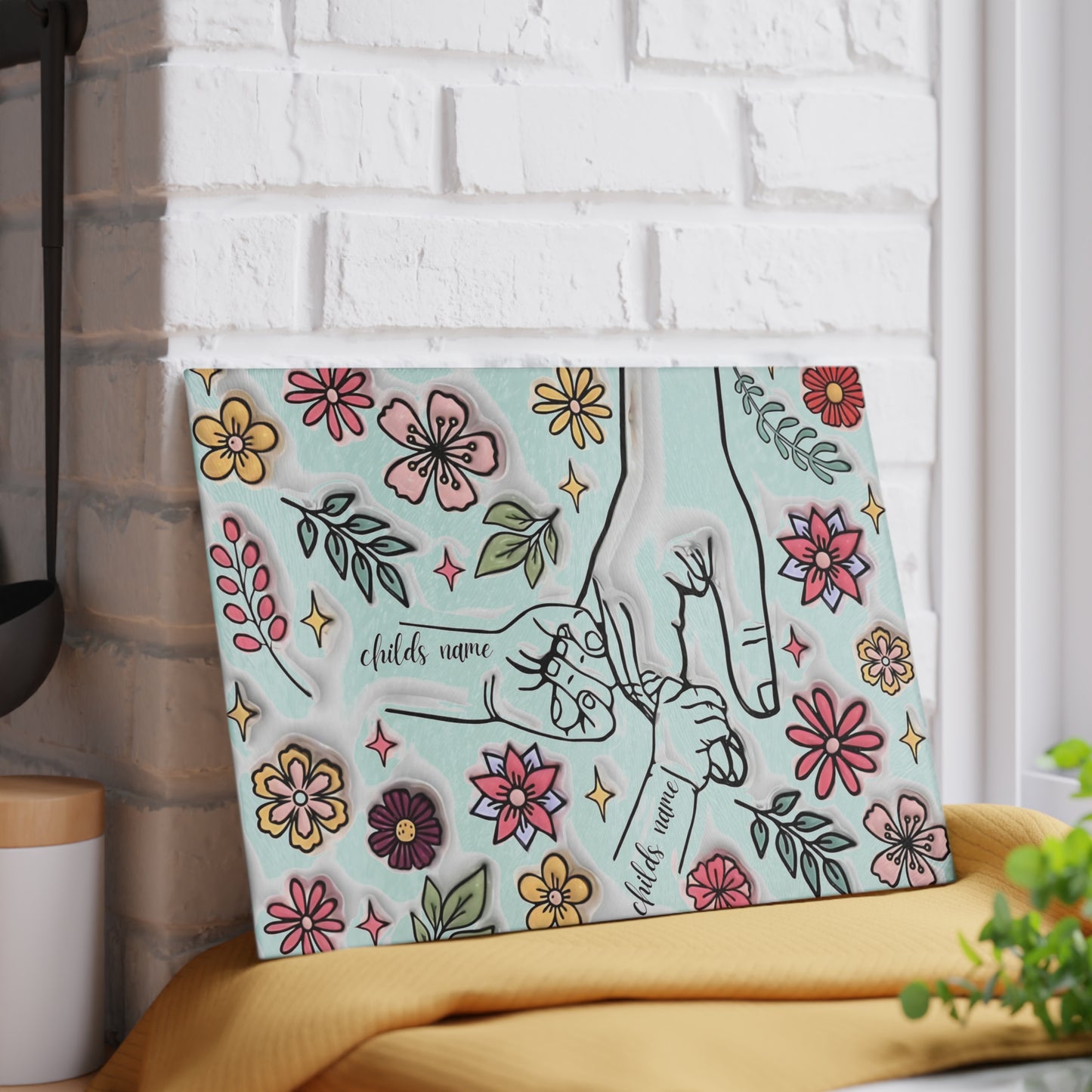 Tabla de cortar de vidrio templado personalizada con las manos de la madre | Arte floral 3D | Nombres personalizados para niños | Regalo para el Día de la Madre