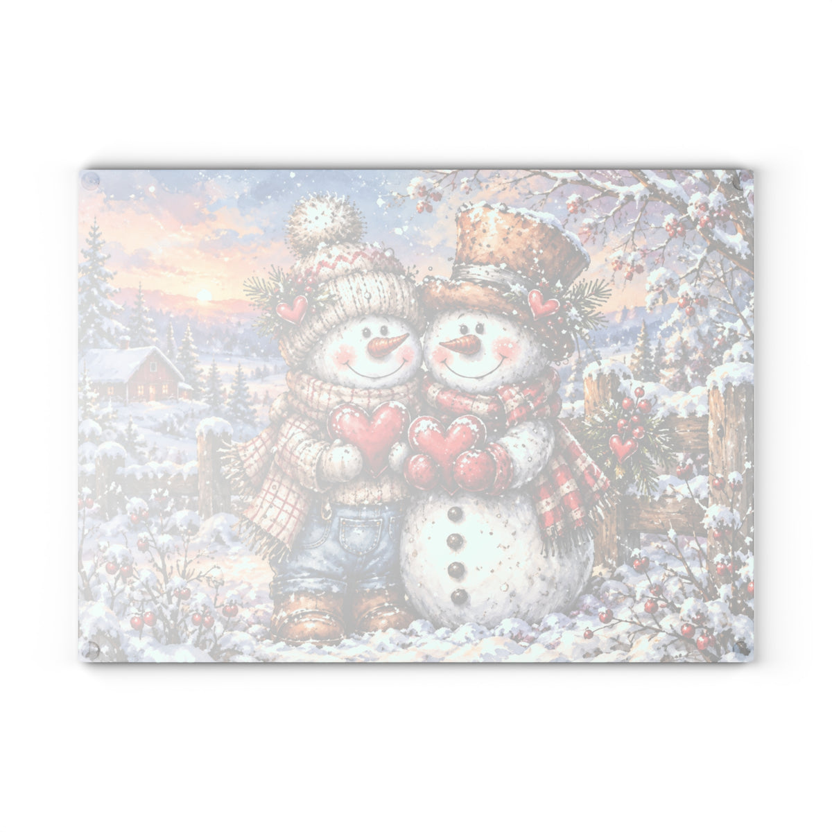 Adorable Snowman Couple Holding Hearts Tempered Glass Cutting Board – Rustic Winter Farmhouse Art – 11 × 15 Inches