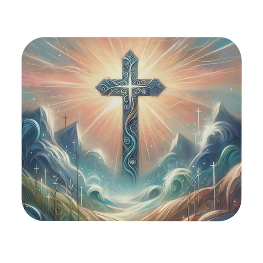 🖱️✨ Radiant Cross Sunrise Mouse Pad – Faith & Inspiration for Your Desk
