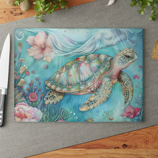 🌊🌸 Escena floral submarina de tortugas marinas coloridas – Tabla de cortar de vidrio