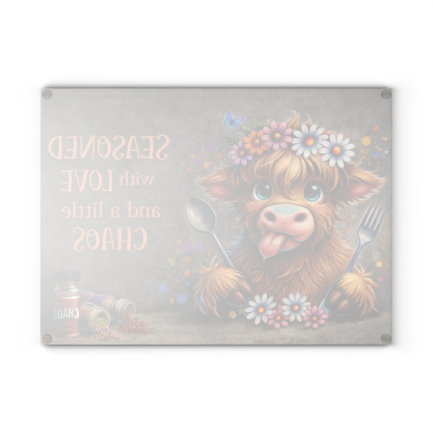 Seasoned With Love and a Little Chaos Glass Cutting Board