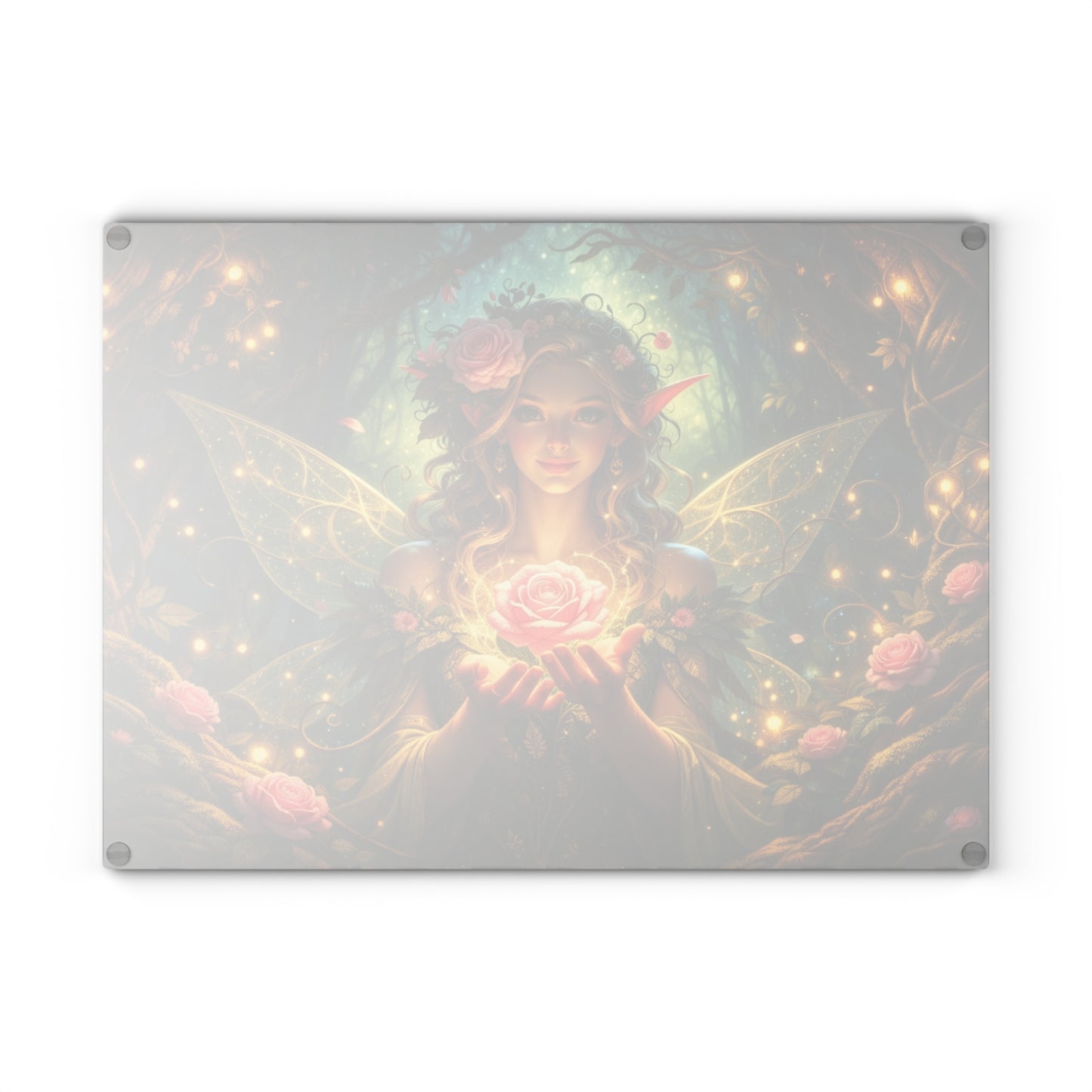 Enchanted Forest Fairy Glass Cutting Board – Magical Rose Fantasy Art Kitchen Decor
