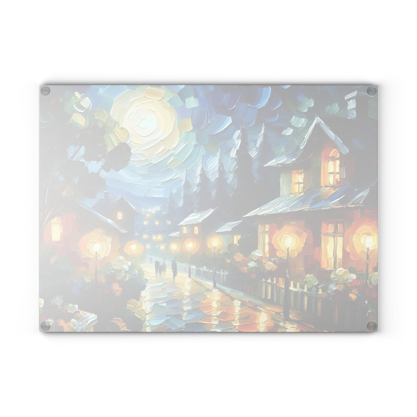 Cozy Moonlit Village Glass Cutting Board