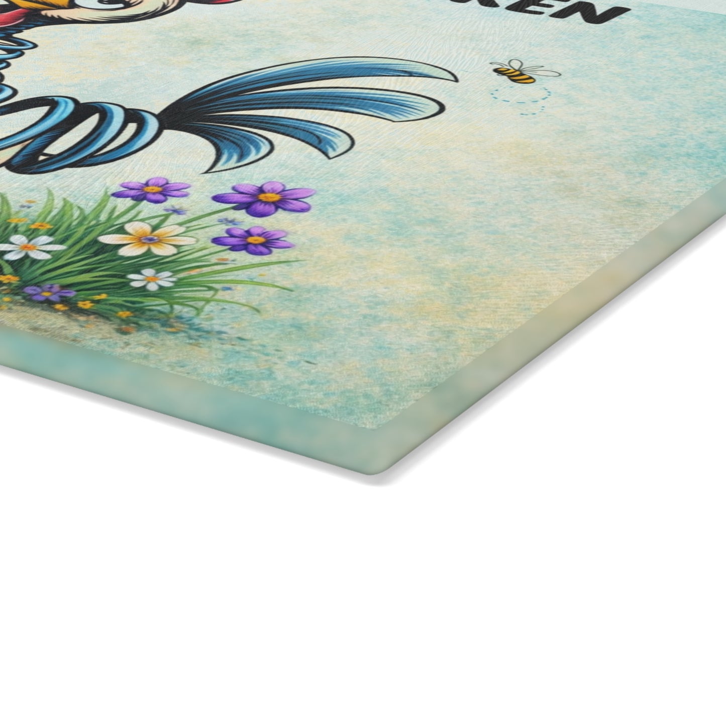 Spring Chicken Glass Cutting Board – Whimsical Chicken Artwork with Playful Spring Humor