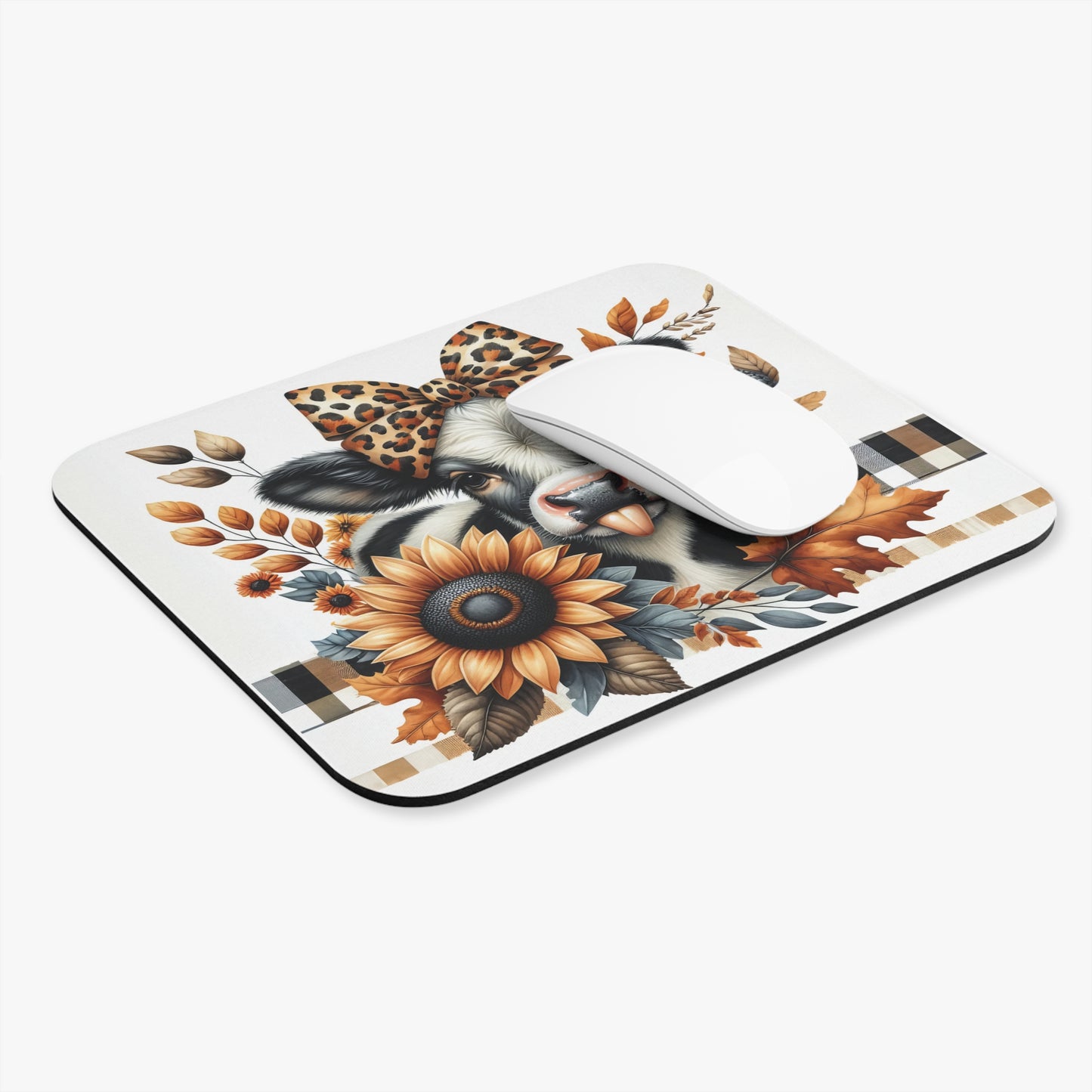 🖱️🐄🧡 Leopard Bow Cow Mouse Pad – Sunflowers, Autumn Leaves & Buffalo Plaid