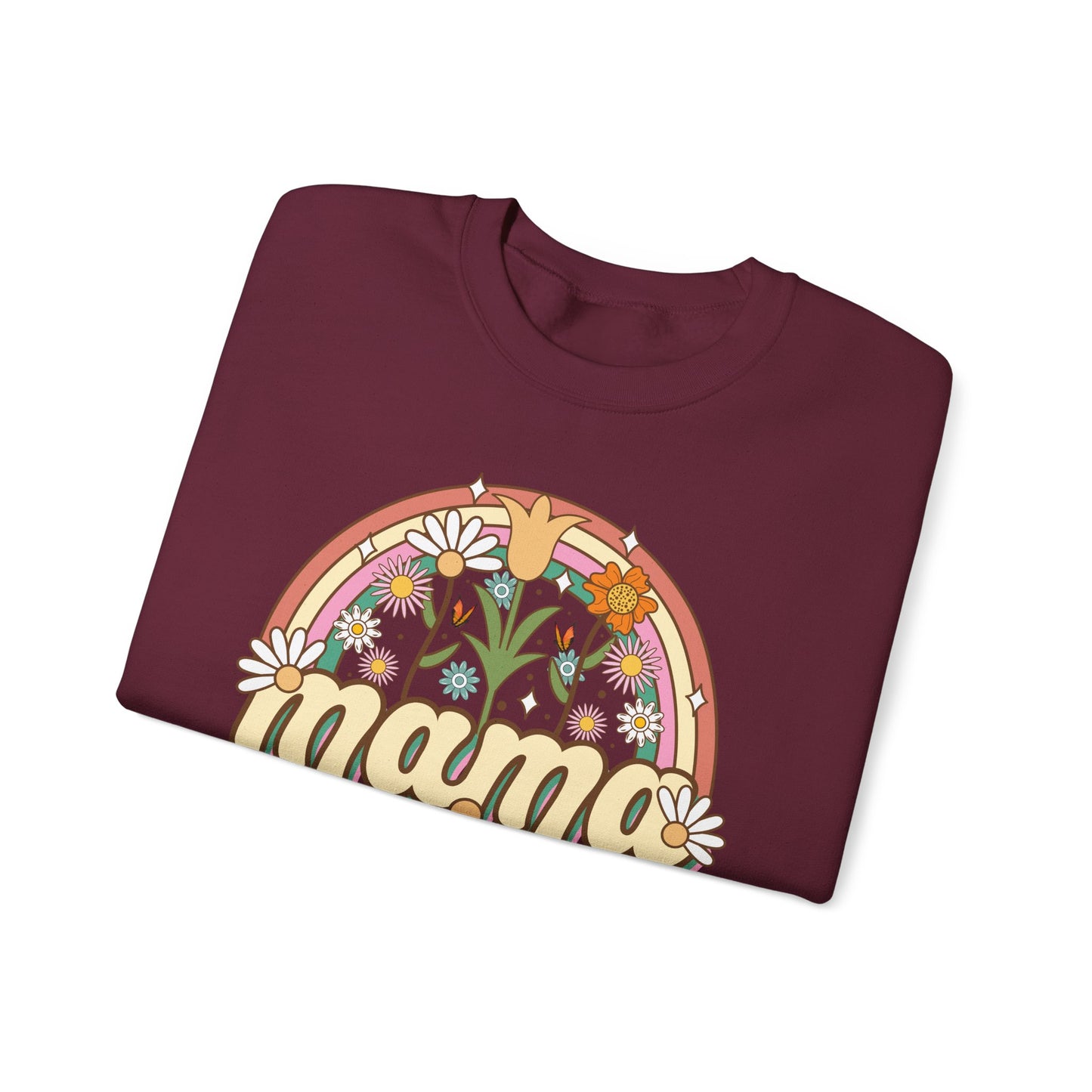 🌼🌈 Retro Floral Mama Sweatshirt – Vintage Rainbow Daisy Mom Crewneck
