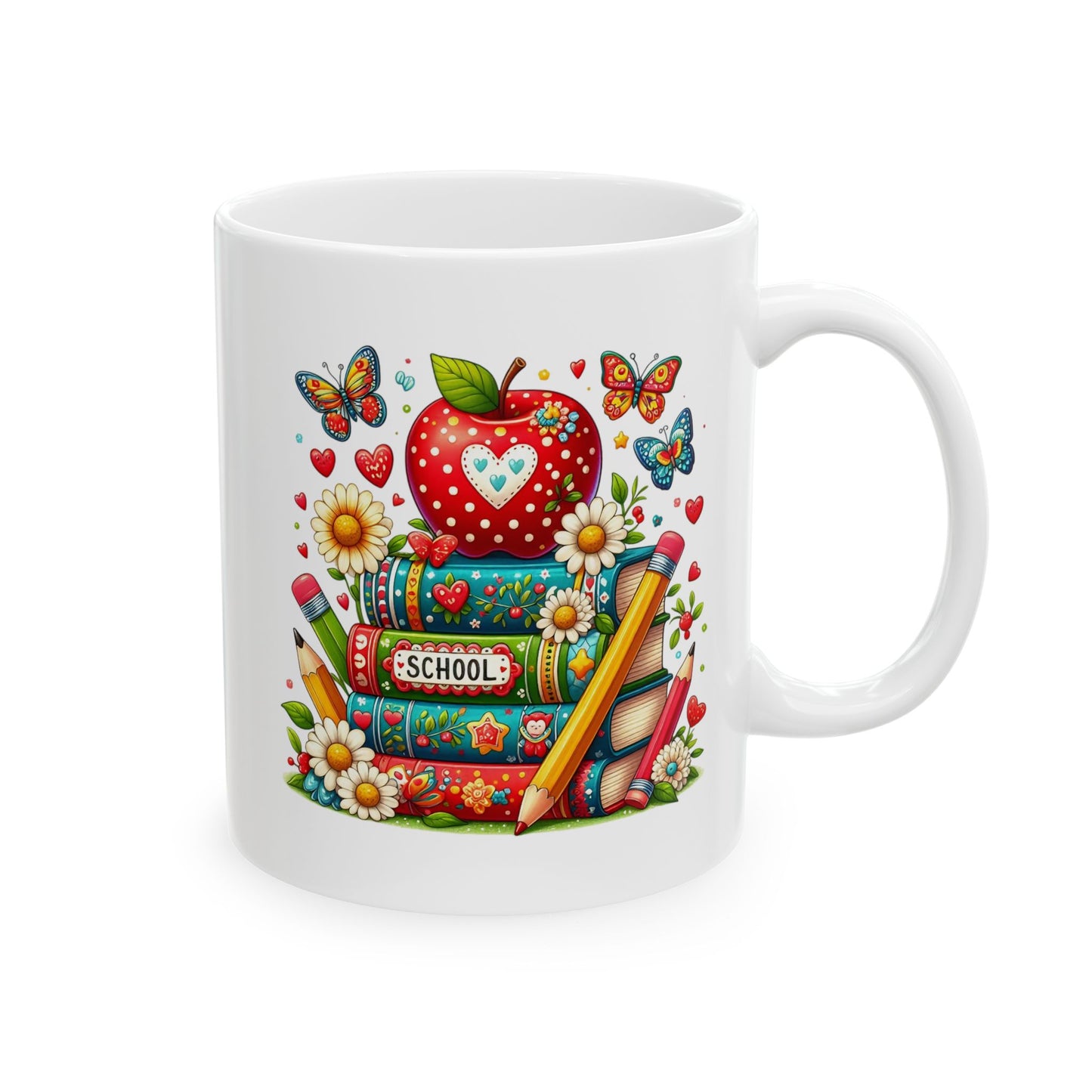 🍎 Teacher Love Back-to-School Mug – Bright Books & Butterflies 🌼