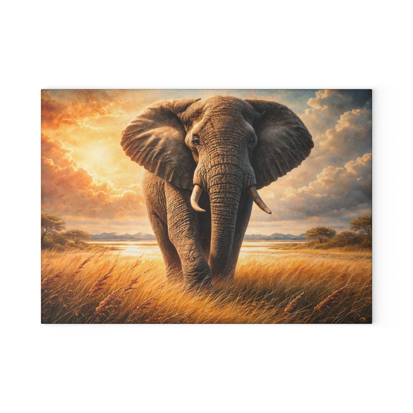 Majestic Elephant Sunset Savanna Glass Cutting Board – Bold Wildlife Landscape Kitchen Art