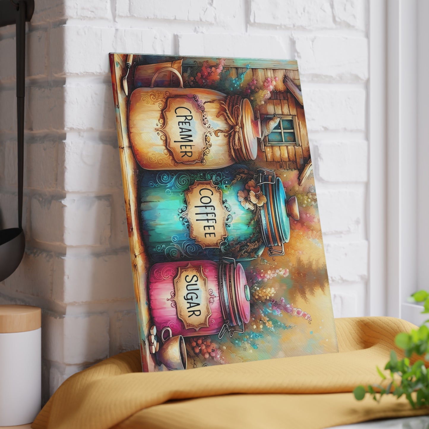 Farmhouse Canister Glass Cutting Board – Coffee, Sugar & Creamer Display