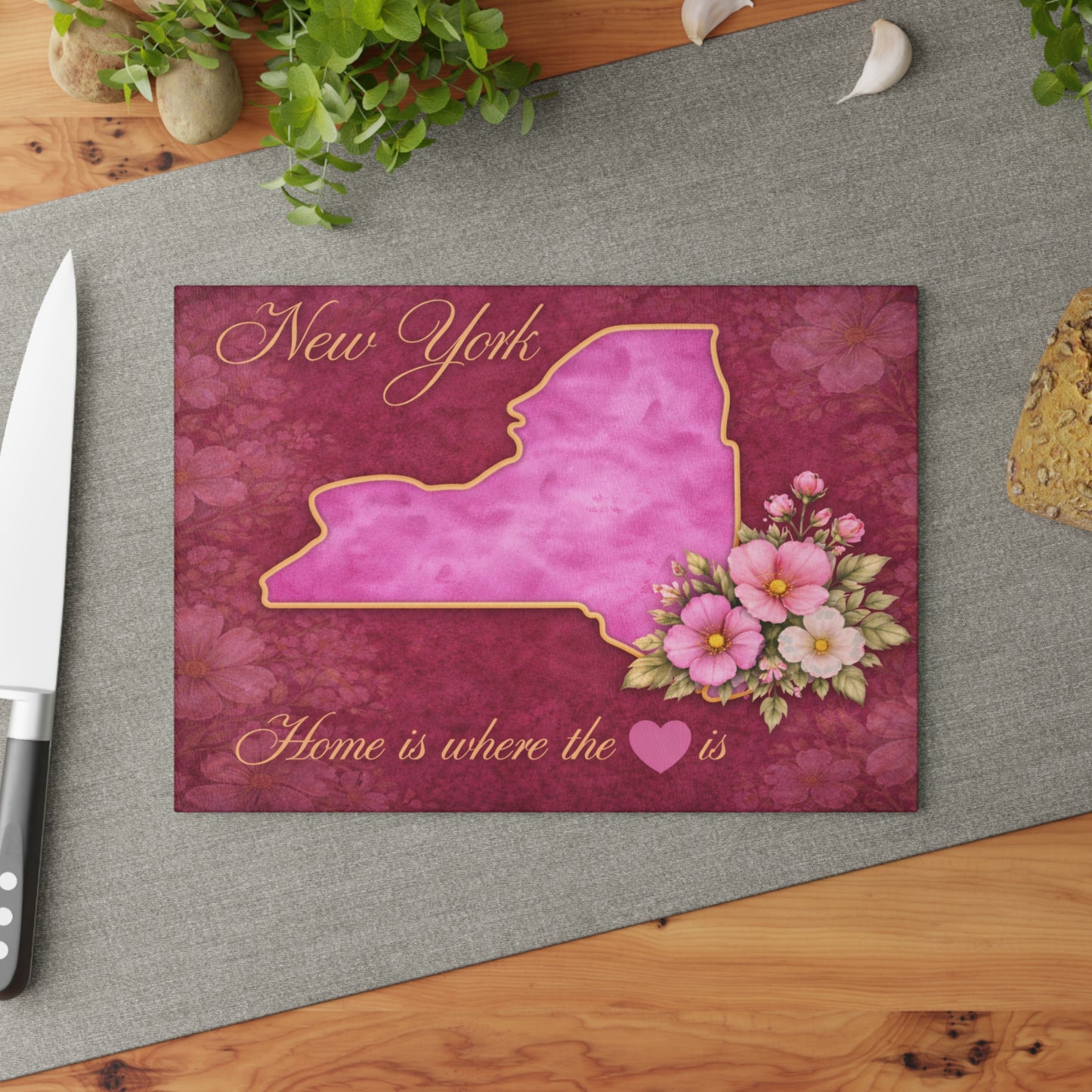 New York State Home is Where the Heart Is Glass Cutting Board – Floral State Pride Kitchen Decor