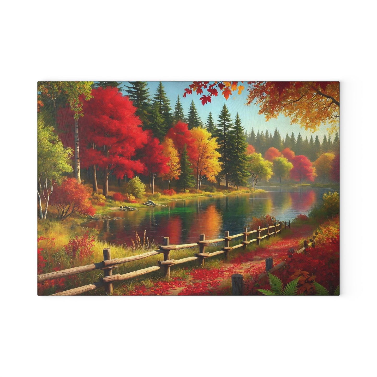 🍂 Autumn Lake Path Cutting Board – Tranquil Forest Reflections for Your Kitchen