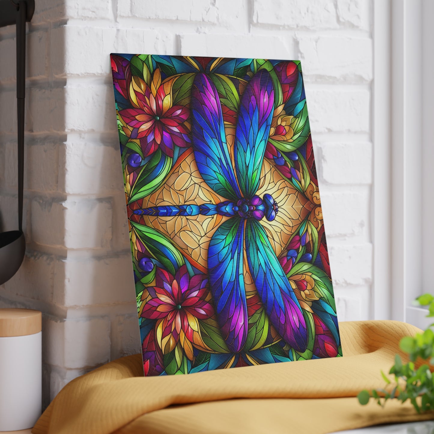 Stained Glass Dragonfly Glass Cutting Board – Colorful Botanical Art Kitchen Display