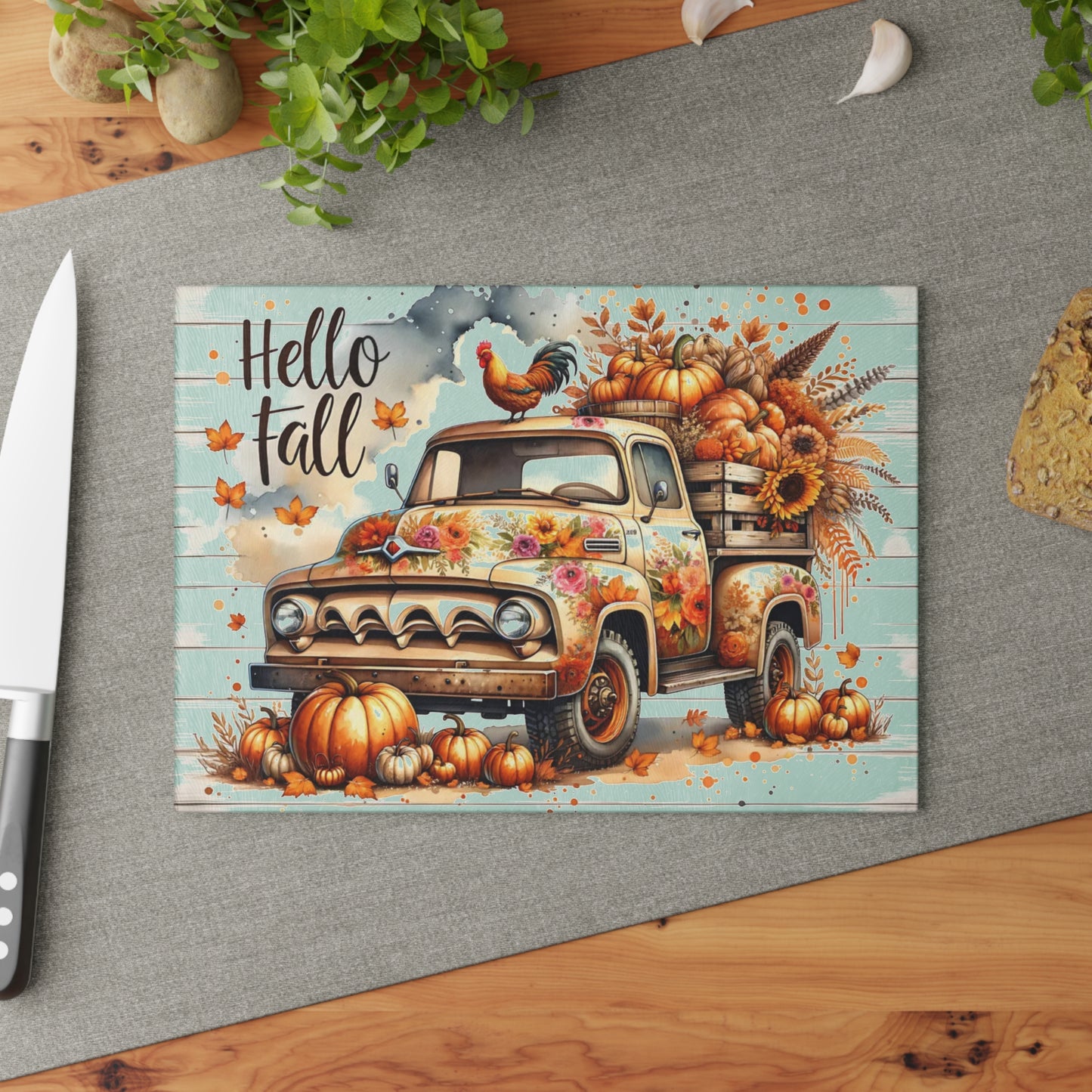 🍂🚜 Hello Fall Truck Cutting Board – Rustic Farmhouse Charm with Pumpkins & Sunflowers 🌻🐓