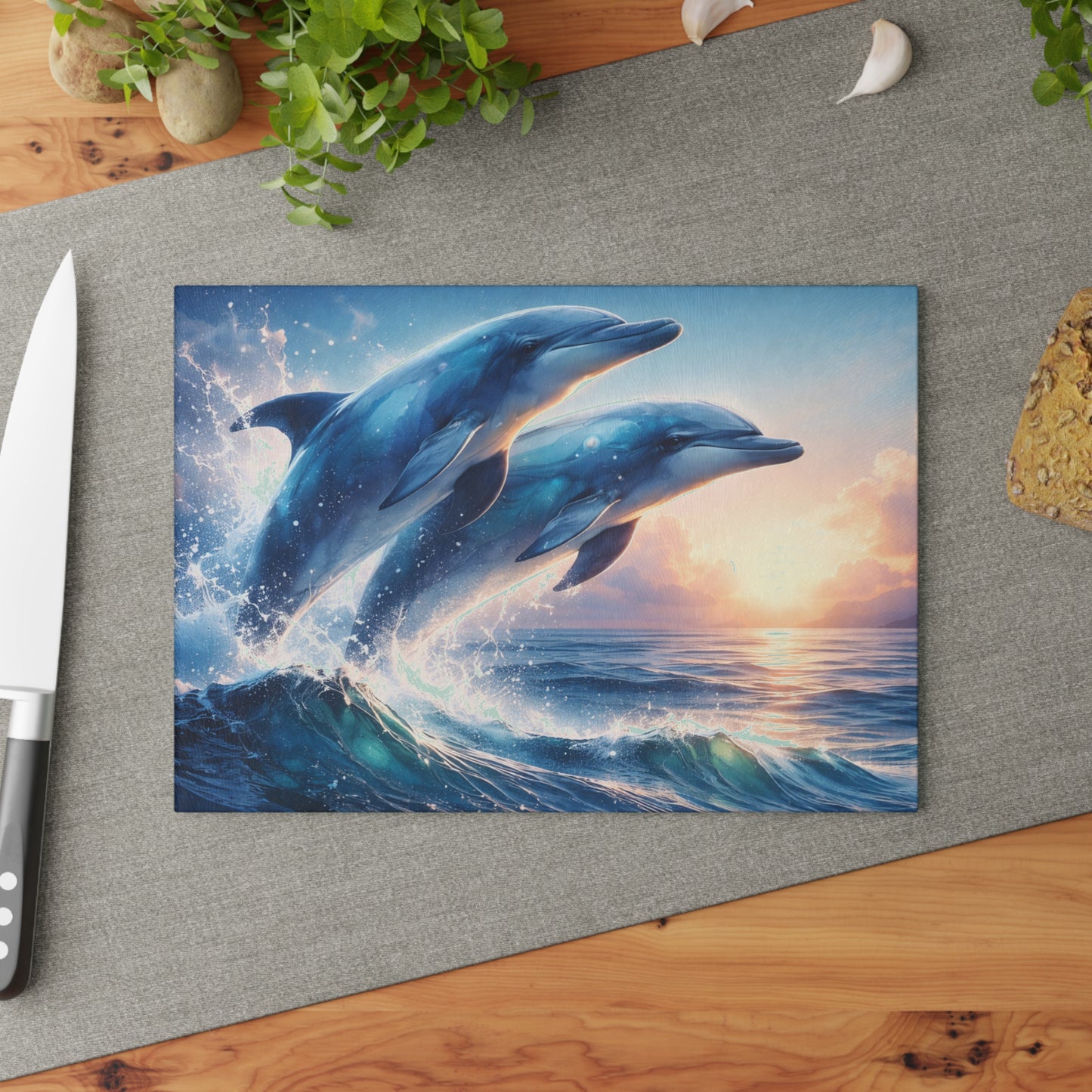 Dolphin Duo Glass Cutting Board – Ocean-Inspired Artwork of Two Playful Dolphins