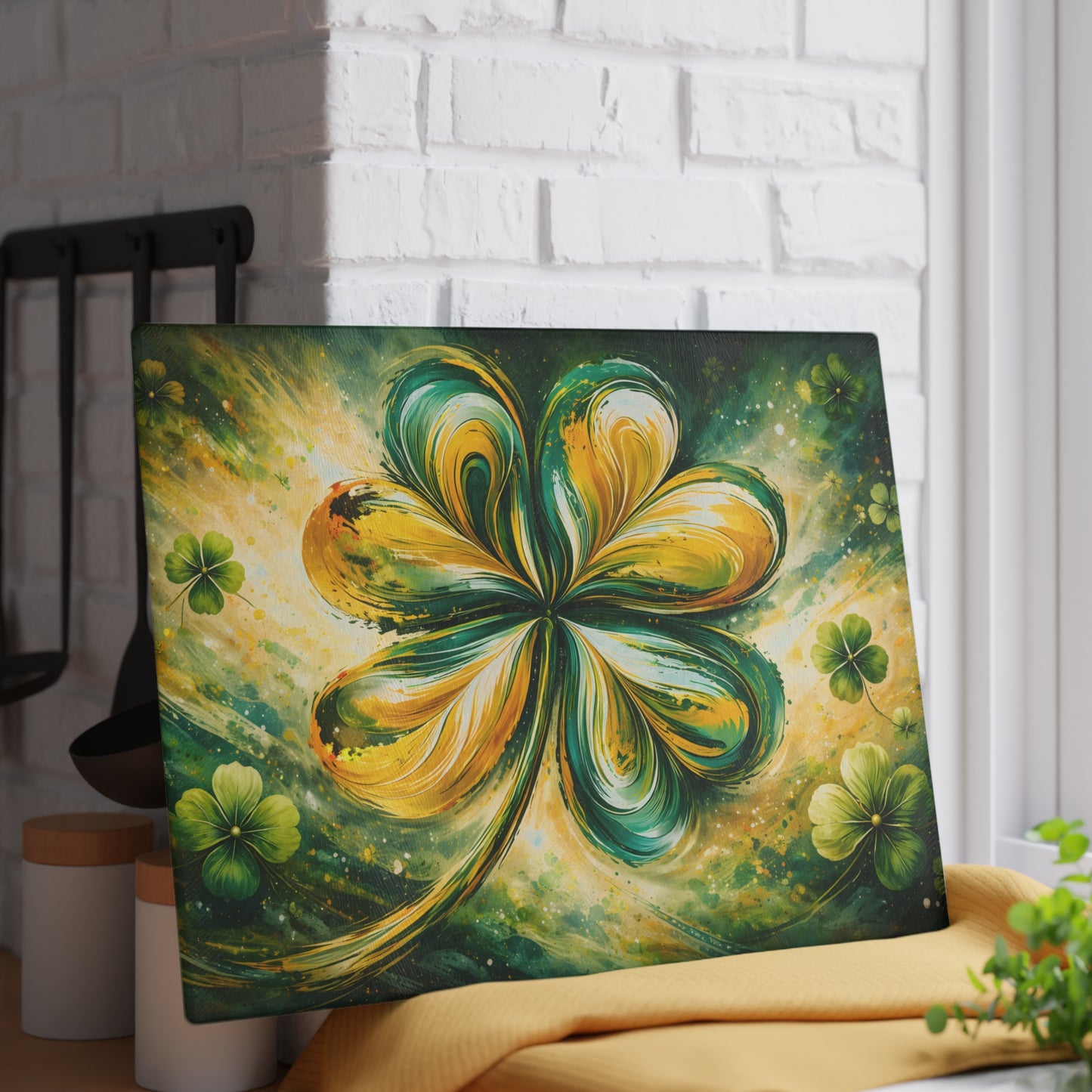 St. Patrick’s Day Clover Glass Cutting Board – Festive Green Shamrock Kitchen Accent