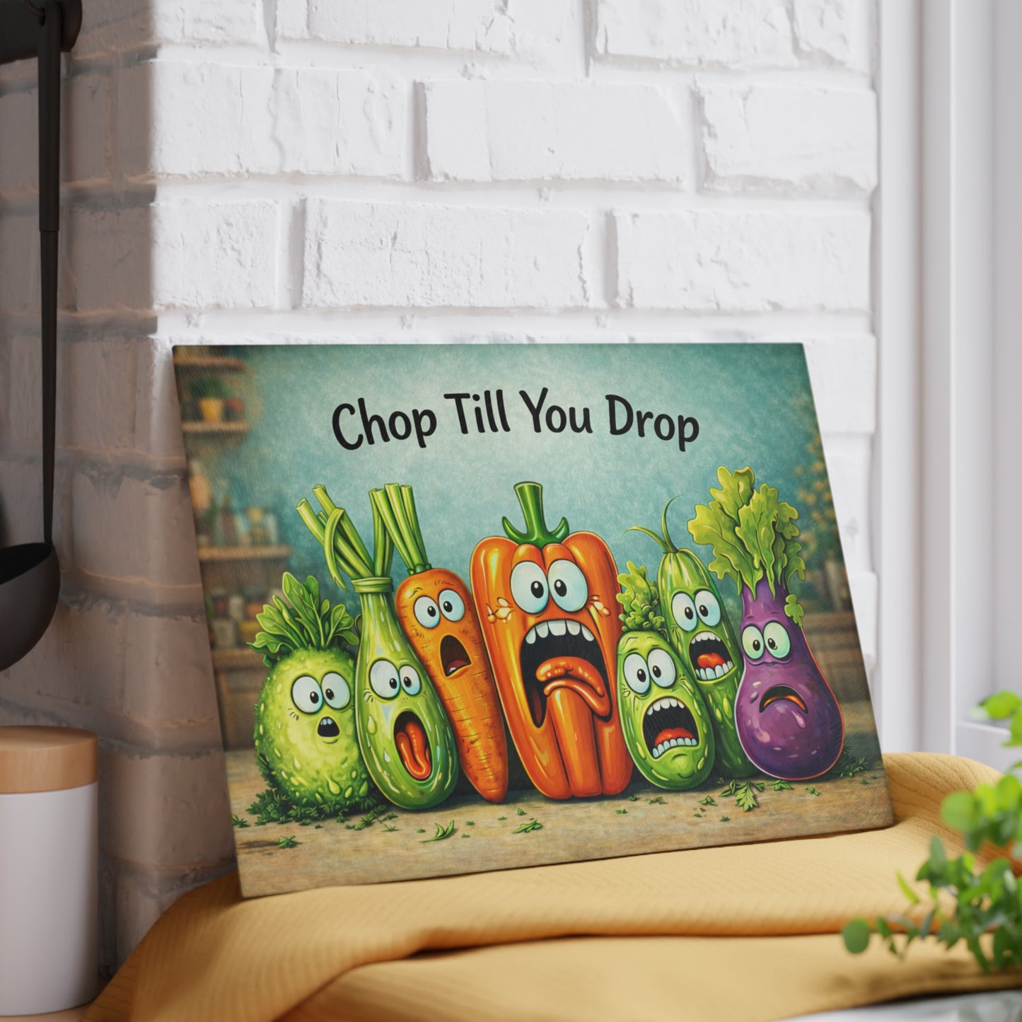 Chop Till You Drop Glass Cutting Board – Funny Vegetable Kitchen Decor with Playful Personality