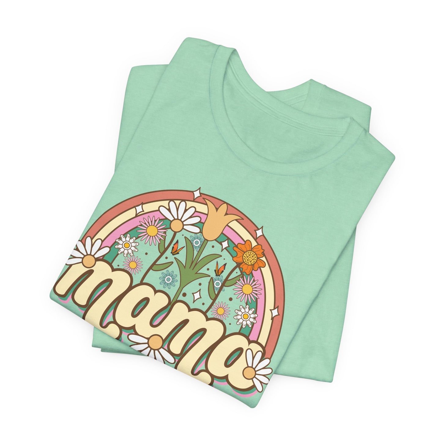 🌼🌈 Retro Floral Mama T-Shirt – Boho Rainbow Graphic Tee for Moms 🌻✨