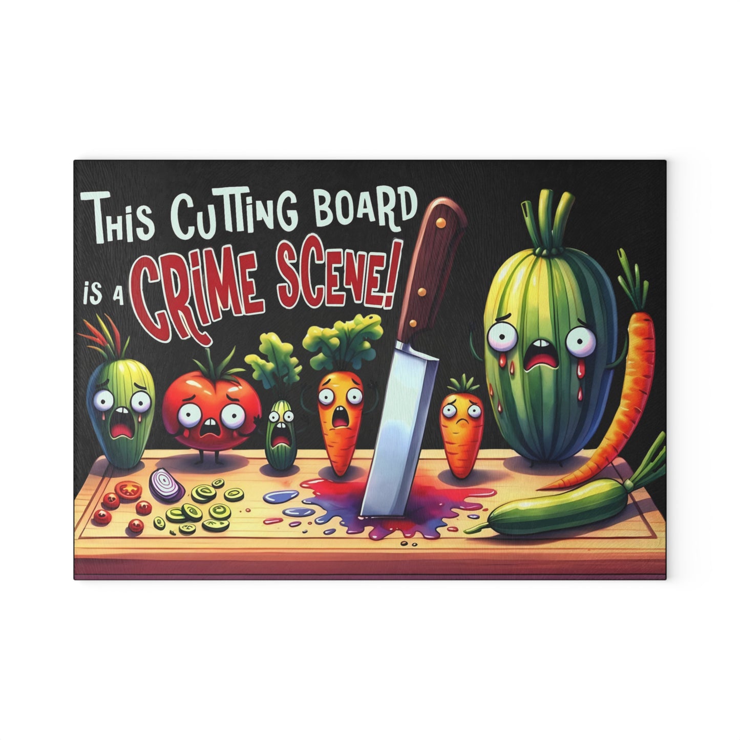 Tabla de cortar de vidrio para escena del crimen en la cocina: ¡Vegetales gritones y estilo asesino!