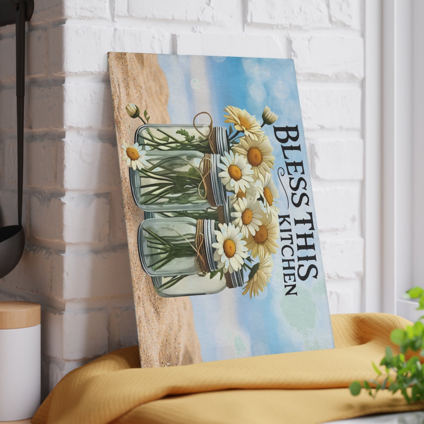 Tabla de cortar de vidrio, Bendice esta cocina, decoración de playa, cocina costera, cocina de granja, tabla de charcutería, tabla de cortar personalizada, flores