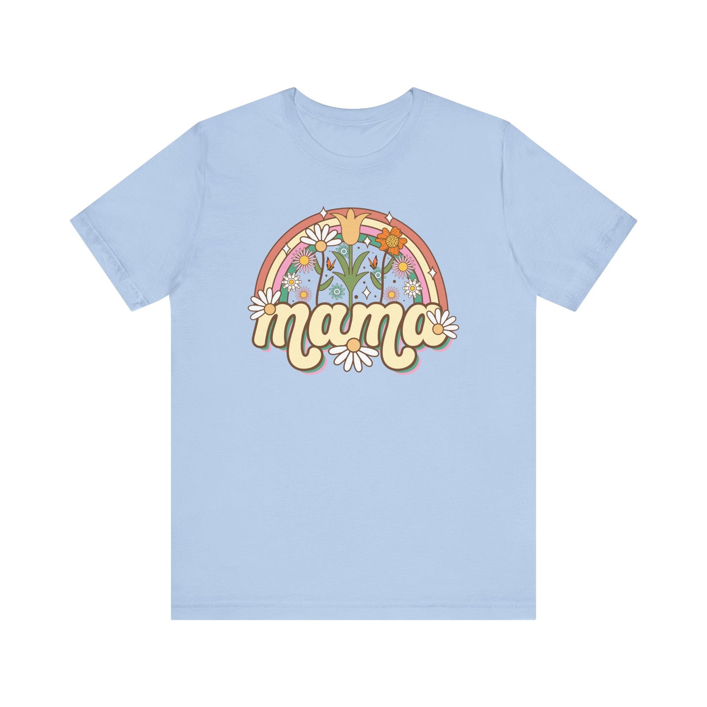 🌼🌈 Retro Floral Mama T-Shirt – Boho Rainbow Graphic Tee for Moms 🌻✨