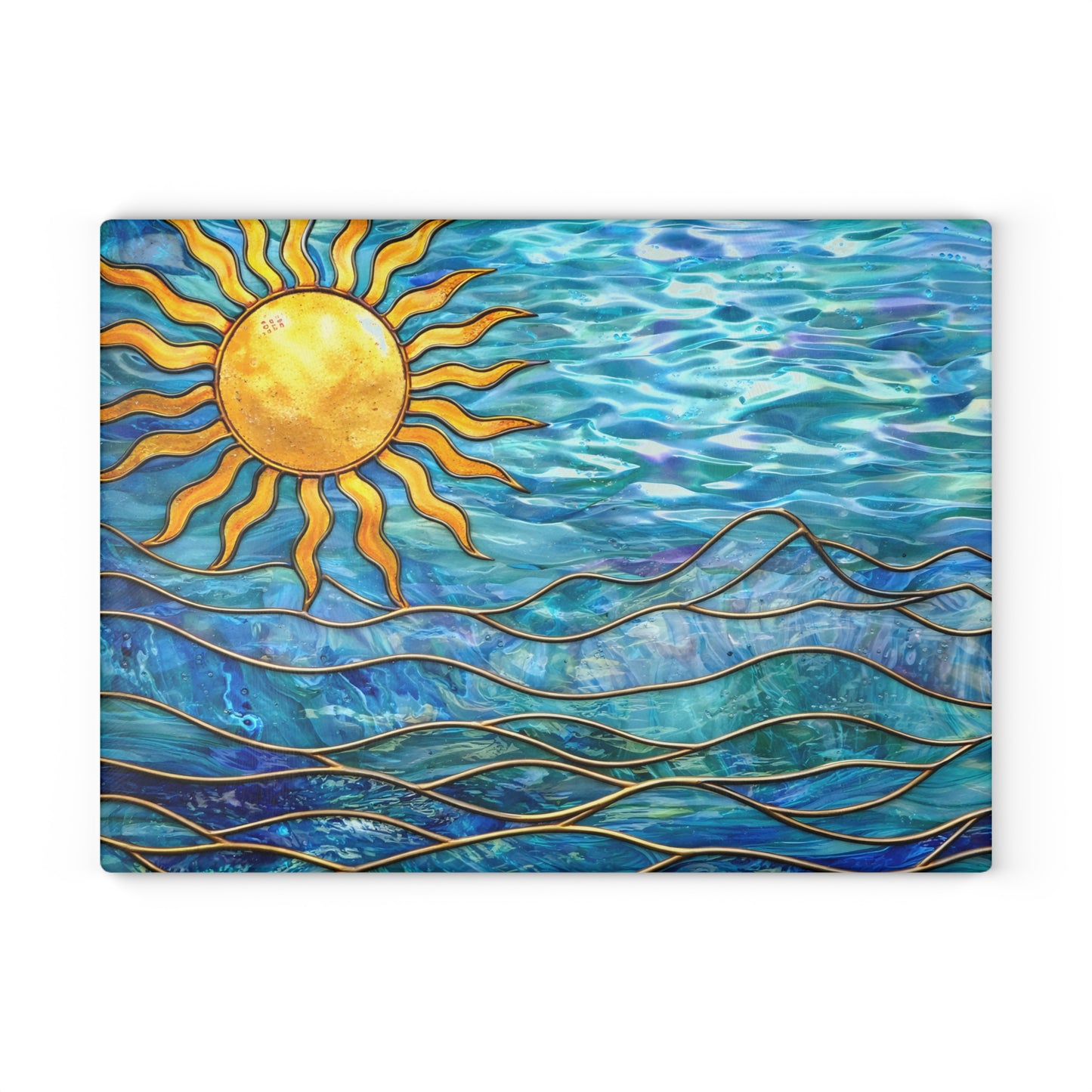 Sunlit Ocean Waves Glass Cutting Board – Coastal Art Kitchen Decor