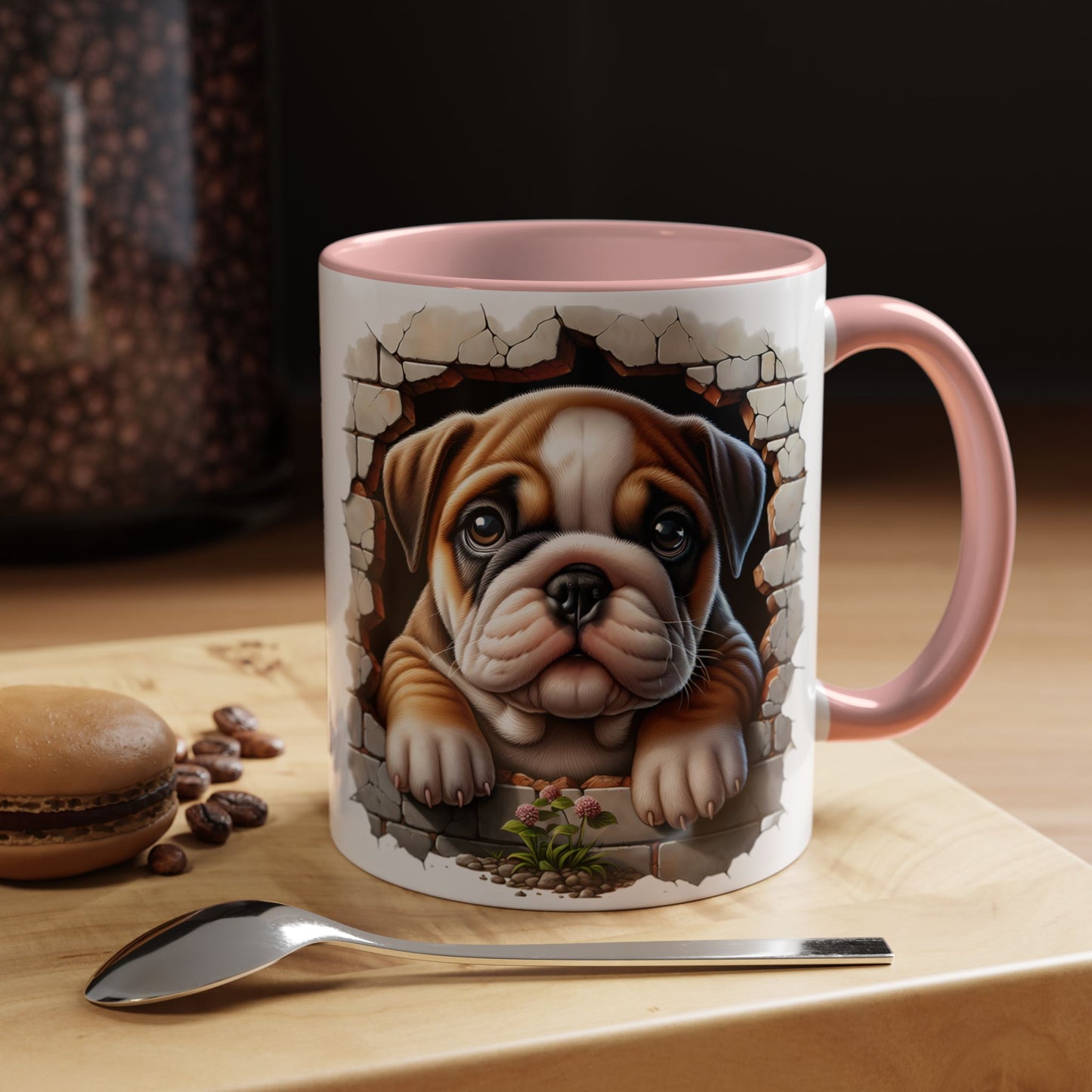 🎀🐶 English Bulldog Puppy Accent Mug – Cute Peek-Through Dog Design for Animal Lovers ☕💖