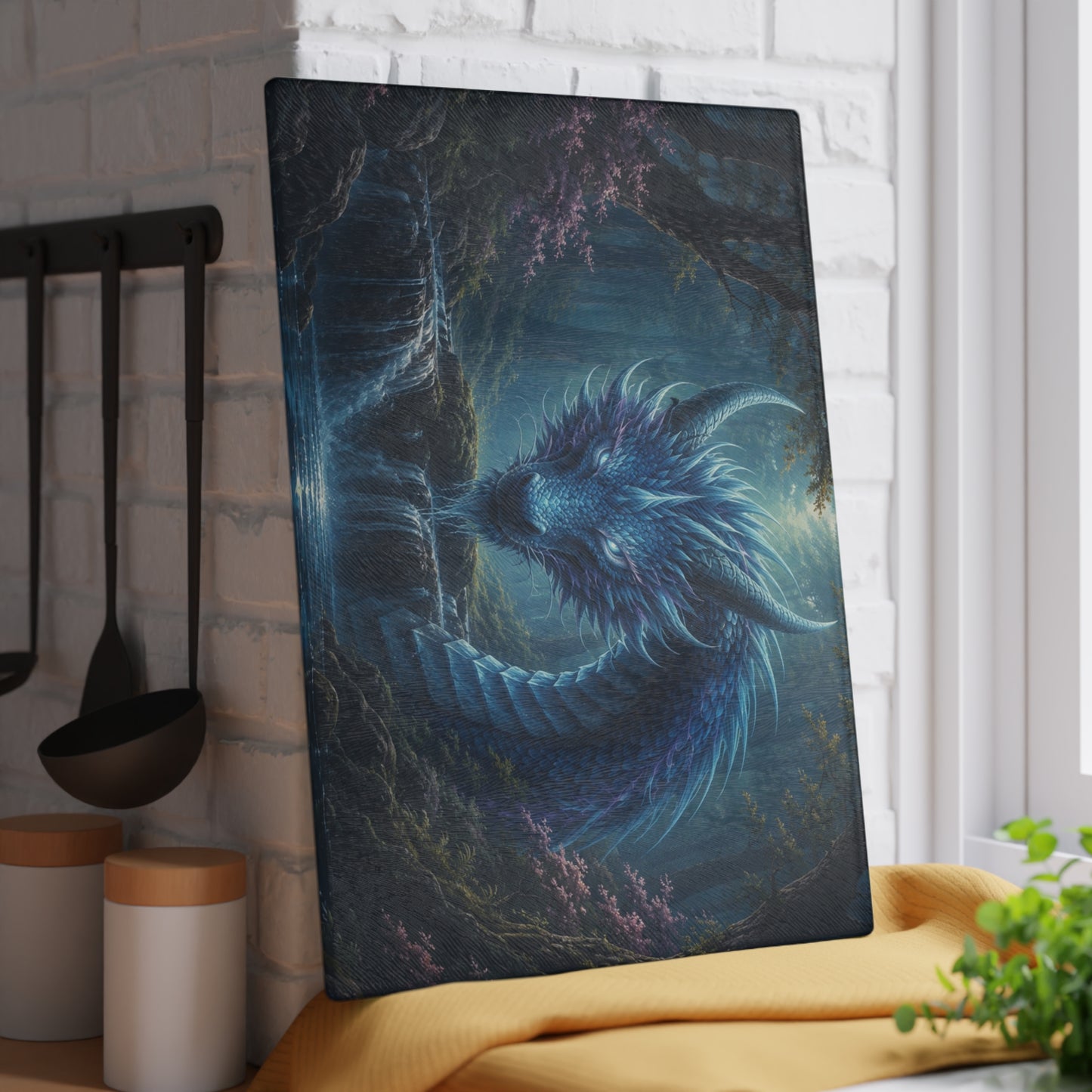 Mystical Blue Dragon Glass Cutting Board – Fantasy Dragon Kitchen Decor, Magical Waterfall Gift