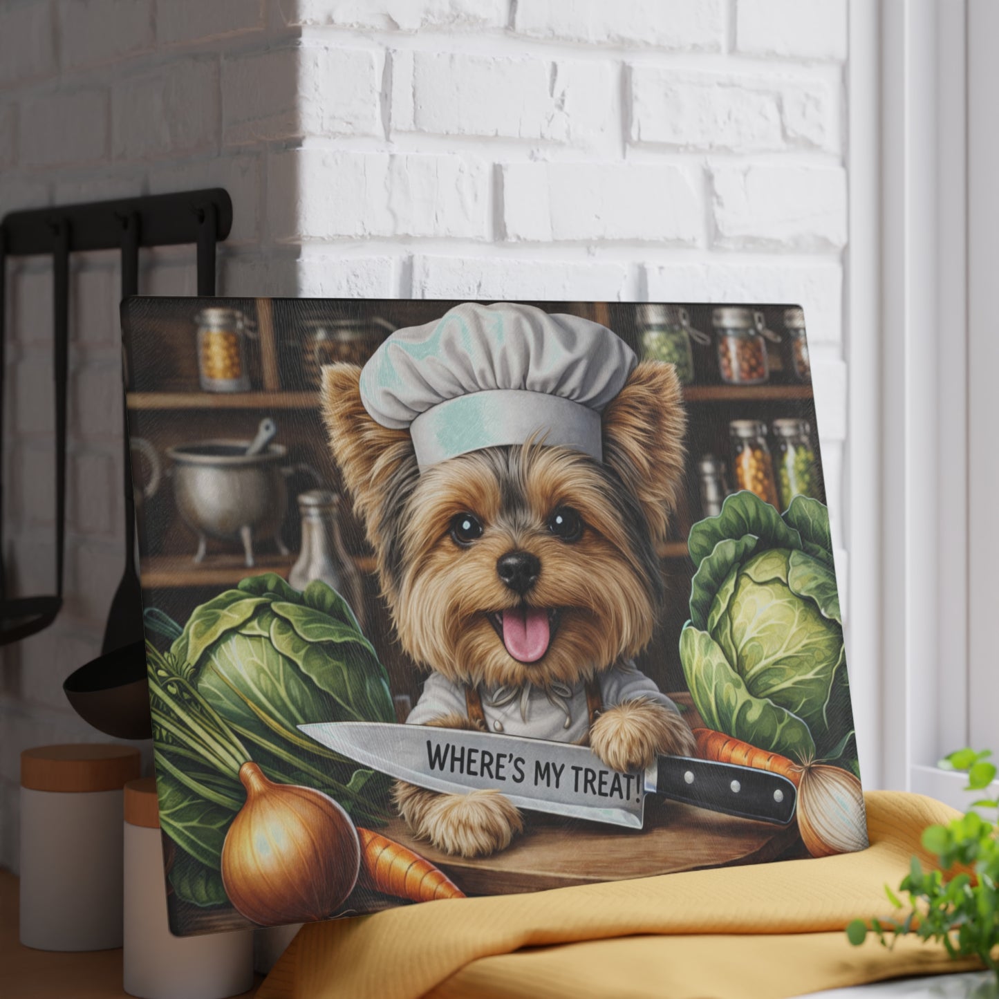 Yorkshire Terrier Chef Glass Cutting Board – “Where’s My Treat!” Playful Kitchen Art