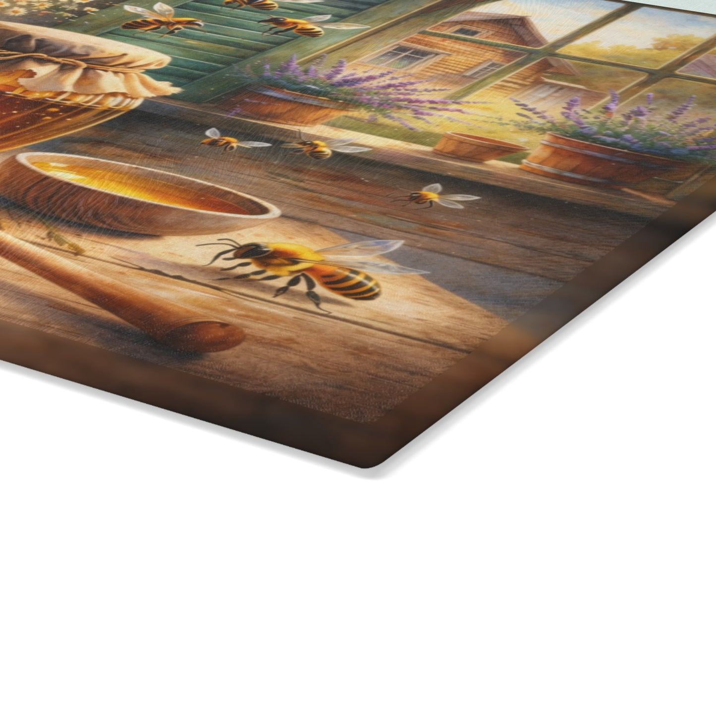 Golden Honey & Wildflowers Glass Cutting Board – Cozy Cottage Beekeeping Kitchen Art