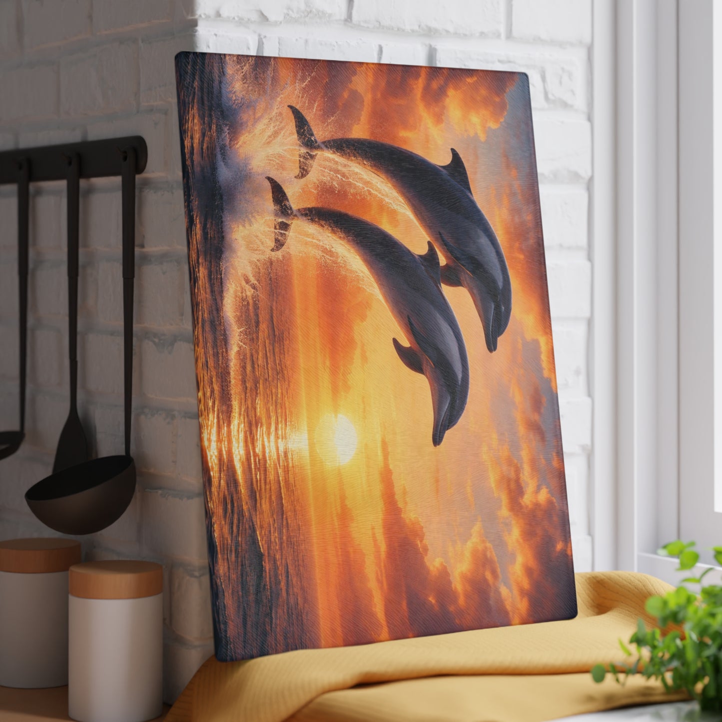 Dolphins at Sunset Glass Cutting Board – Peaceful Ocean Artwork with Golden Horizon