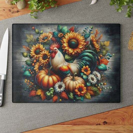 🐓🌻 “Harvest Rooster & Sunflowers” Glass Cutting Board – Cozy Autumn Charm for Your Kitchen