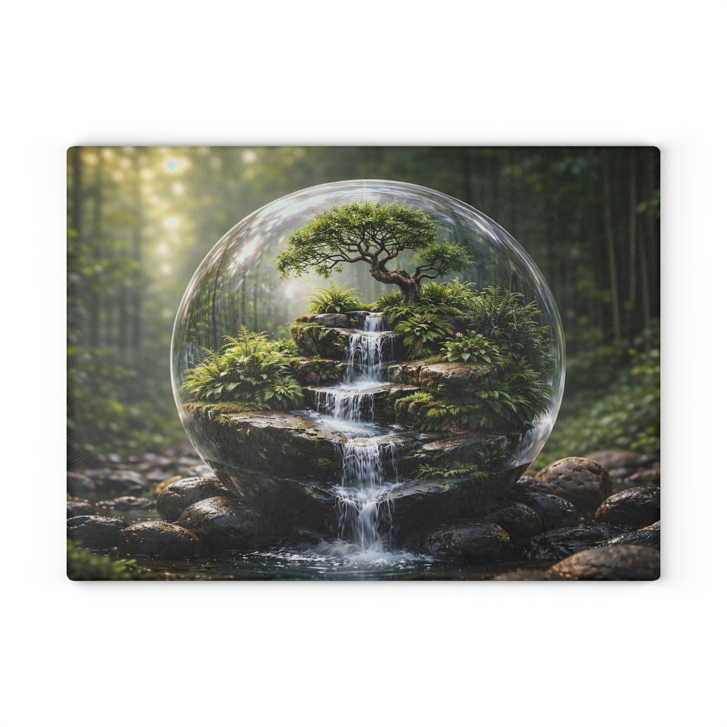 Enchanted Forest Waterfall Terrarium Glass Cutting Board – Nature-Inspired Zen Kitchen Art