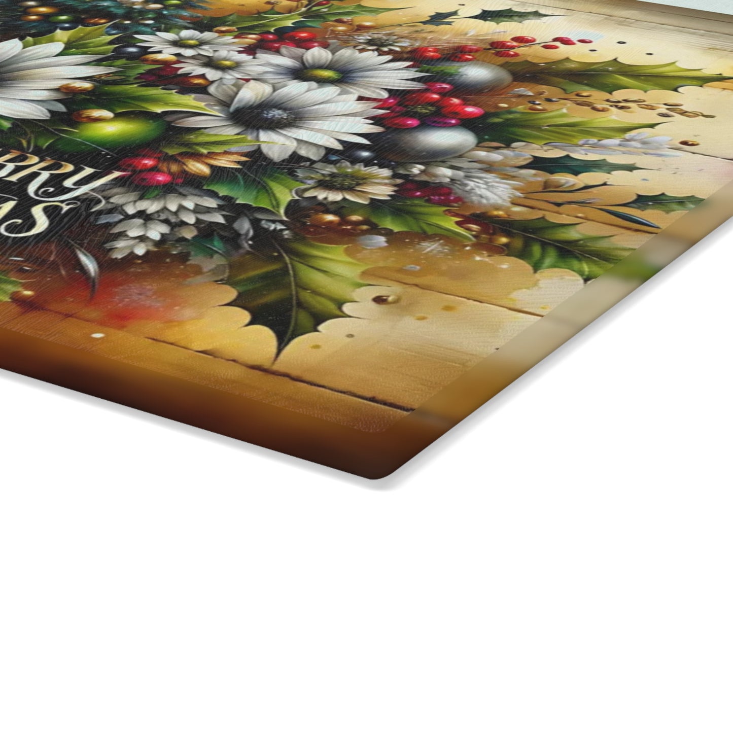 🎄✨ “Merry Christmas Florals” Glass Cutting Board – Festive Farmhouse Glow for Your Kitchen