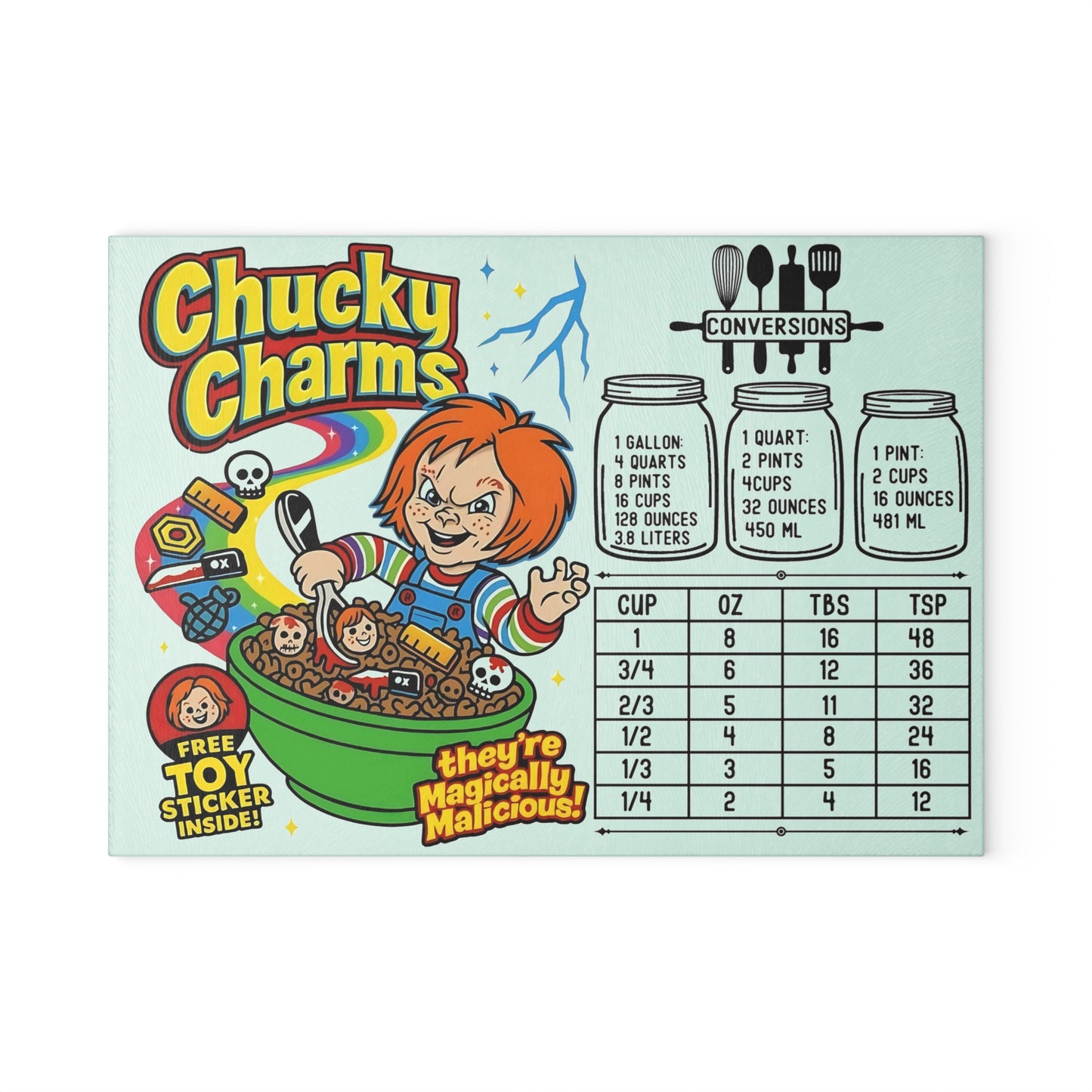 🧪 Chucky Charms Cutting Board – “Magically Malicious” Parody for Your Creepy-Cute Kitchen 🍀