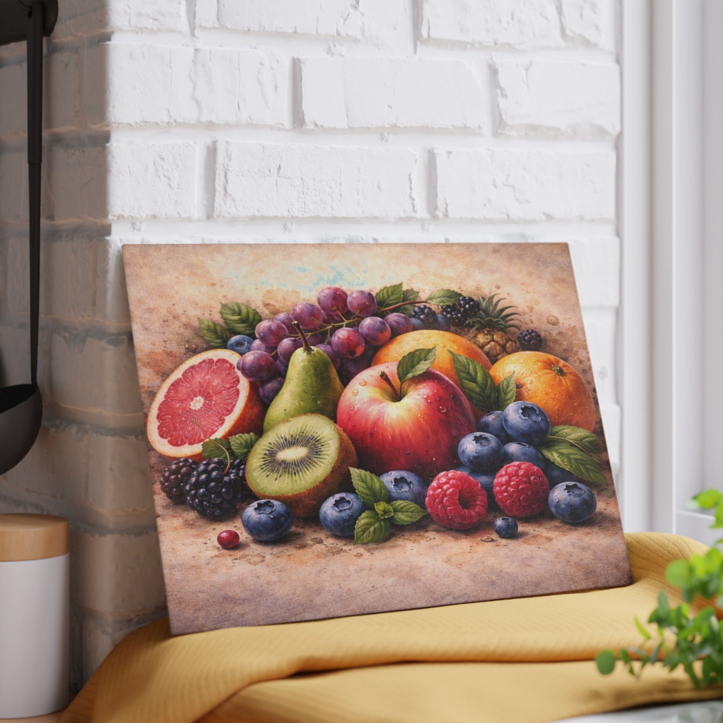Classic Orchard Still Life Glass Cutting Board – Fruit Market Kitchen Accent