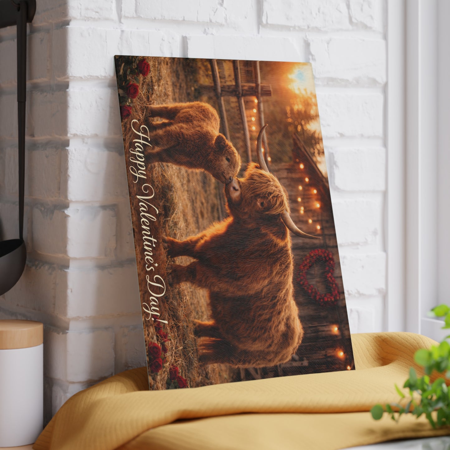 Valentine Highland Cow Mother & Calf Glass Cutting Board – Cozy Farmhouse Love Kitchen Decor