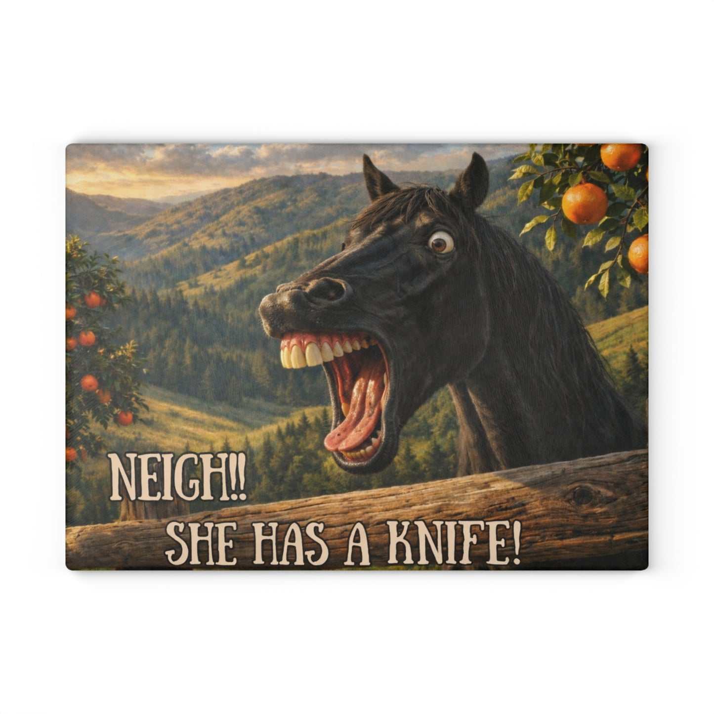 Funny Horse Neigh She Has a Knife Glass Cutting Board – Humorous Farmhouse Horse Lover Kitchen Decor