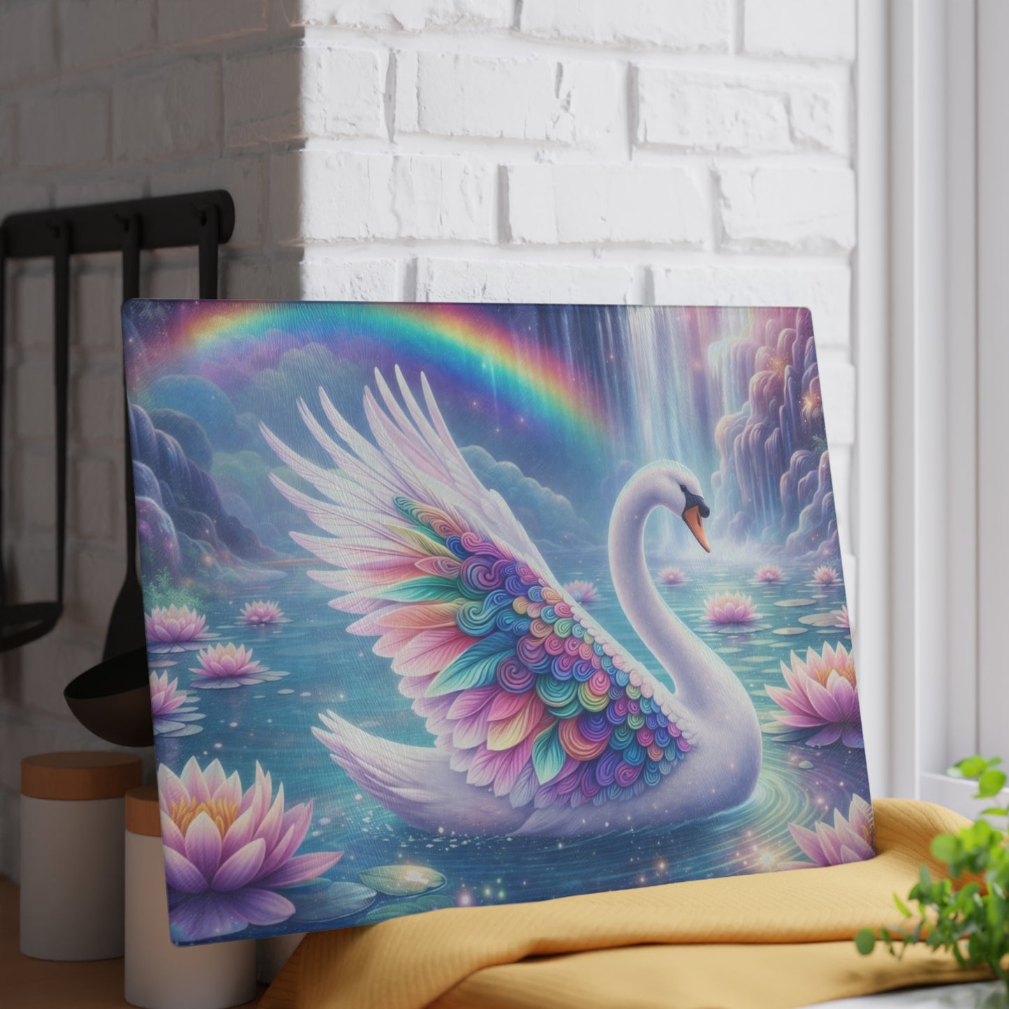 Rainbow Swan Fantasy Glass Cutting Board – Dreamy Water Garden Kitchen Art