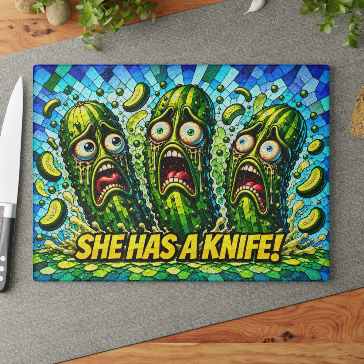 She Has a Knife! Funny Pickle Stained-Glass-Inspired Glass Cutting Board