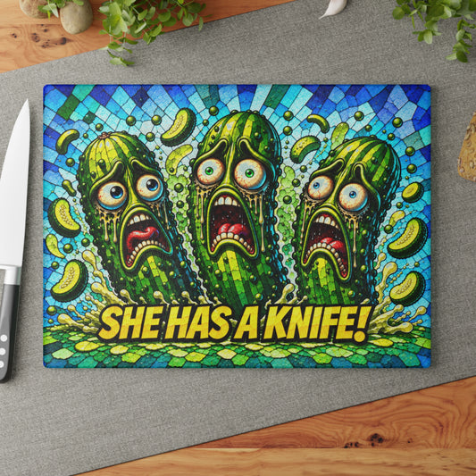 She Has a Knife! Funny Pickle Stained-Glass-Inspired Glass Cutting Board